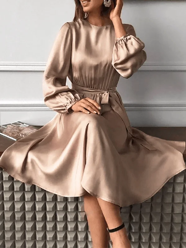 Women Puff Sleeve O-Neck Solid Pleated Casual Stylish Fitting Dress Off-shoulder unclassified dresses